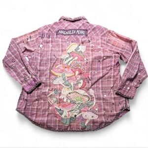 Magnolia Pearl Distressed Purple Plaid Mushroom Button Down Shirt, OS